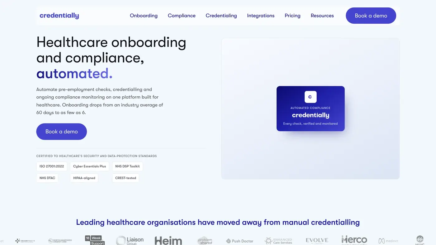credentially.io on 4 September 2026: healthcare onboarding and compliance, automated, with the certification wall under the hero