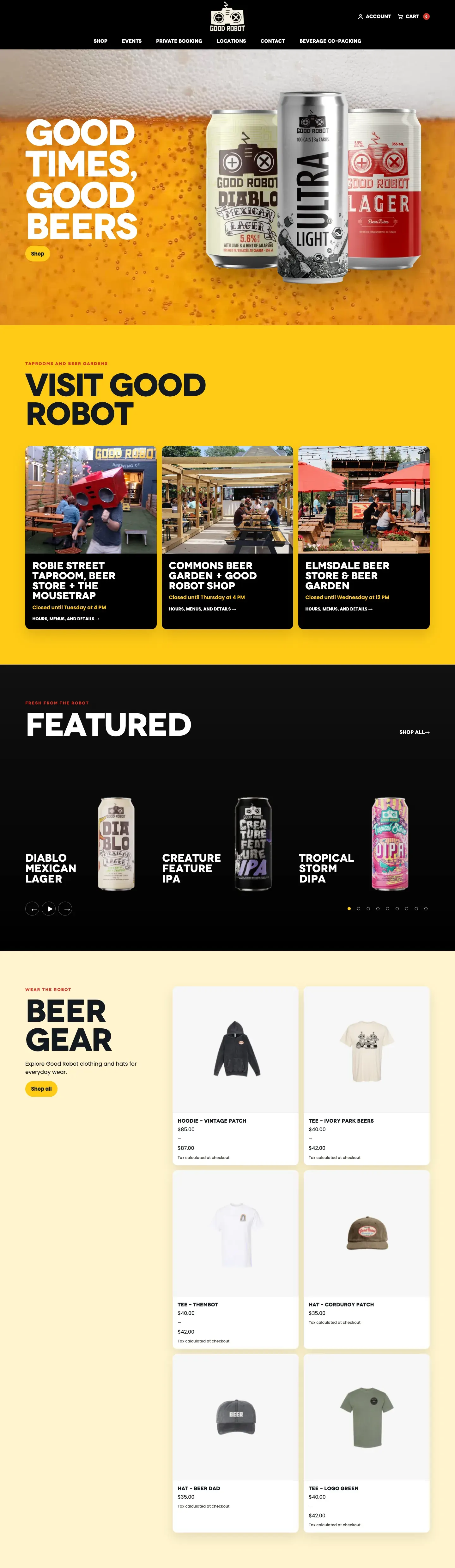 The new Good Robot homepage: Shop first in the menu, a cart, the line Good times, good beers over three cans, the three taprooms with live hours, featured beers, and beer gear with prices