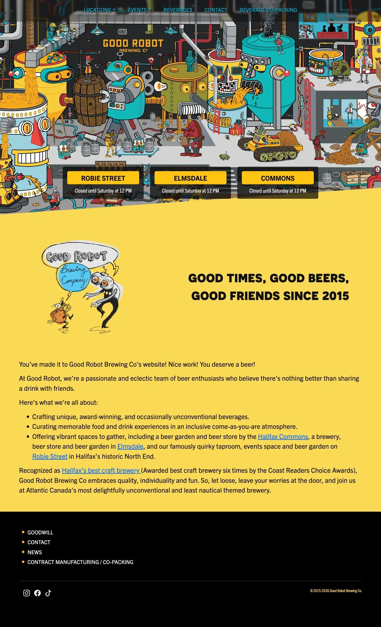 The old Good Robot homepage, April 2026: a cartoon brewery illustration, three location buttons, and a menu of Locations, Events, Beverages, Contact, and Beverage Co-Packing, with no shop