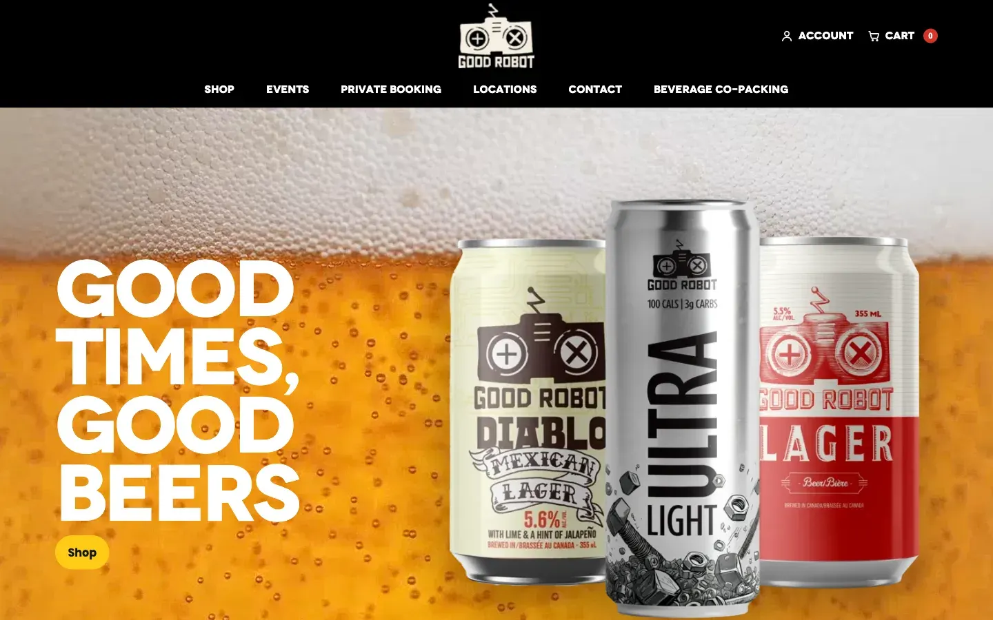 The new Good Robot homepage: Shop first in the menu, a cart, and three cans of beer