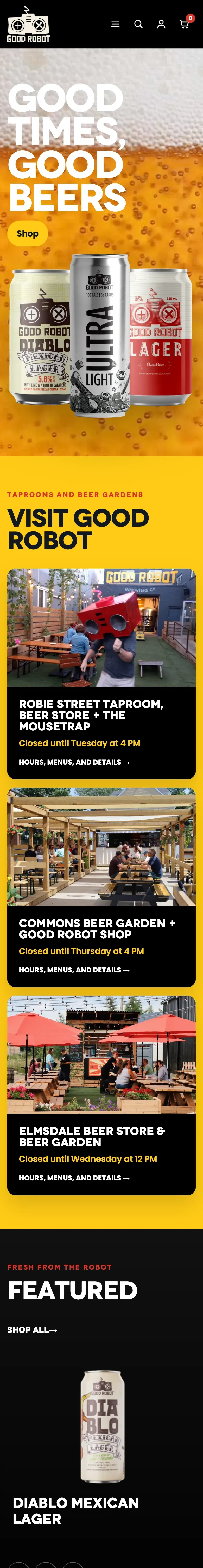 The Good Robot homepage on a phone: search, account, and cart up top, a Shop button, the three taprooms, and featured beers