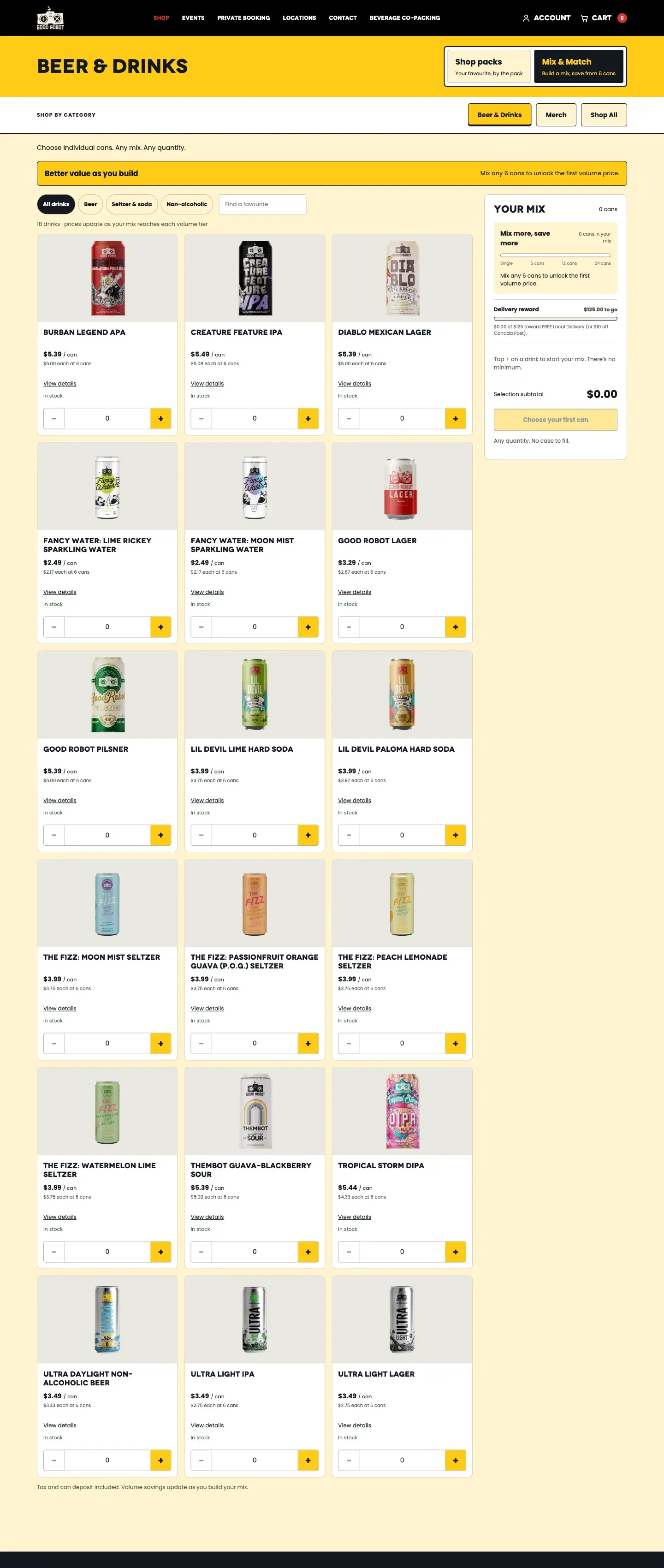 Mix and Match on goodrobotbrewing.ca: drink cards with a price per can, and a Your mix panel with volume tiers at 6, 12, and 24 cans and a bar towards free delivery