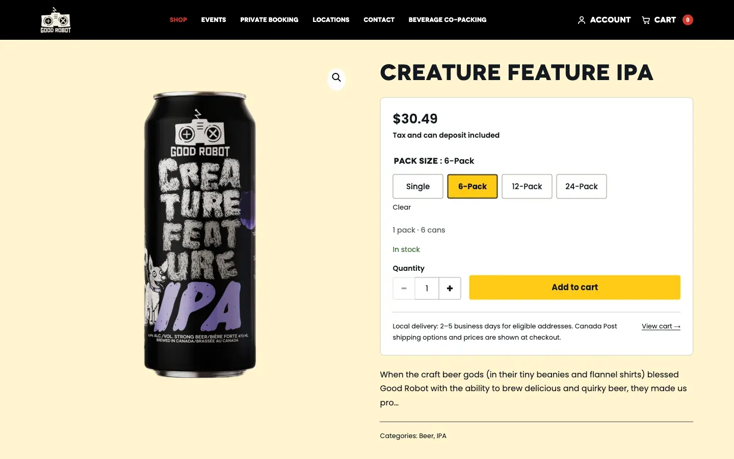 The Creature Feature IPA product page: a can photo, the price, pack size buttons for single, 6, 12, and 24, and Add to cart