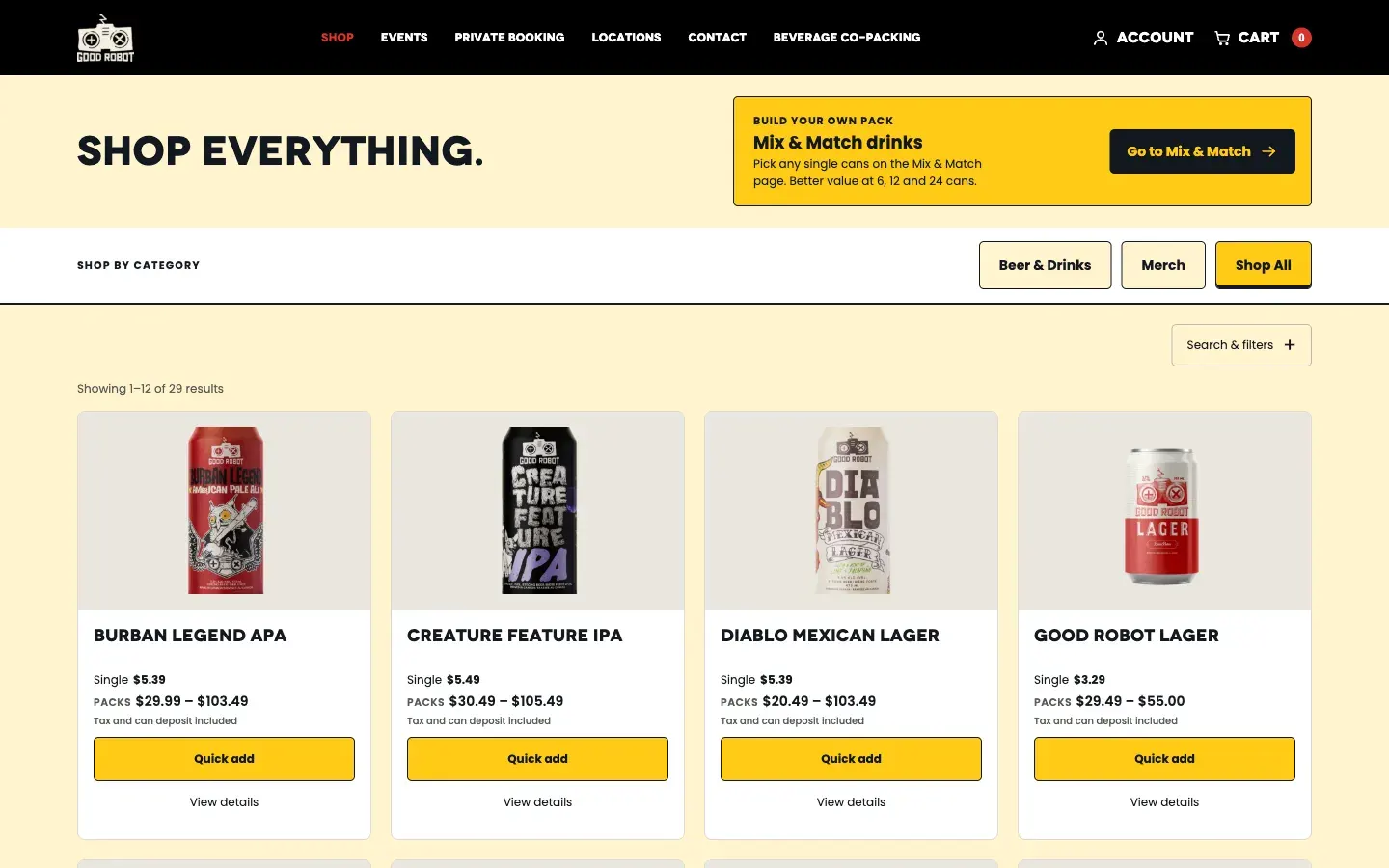 The Good Robot shop: Shop everything, a Mix and Match banner, category buttons, and product cards with single and pack prices