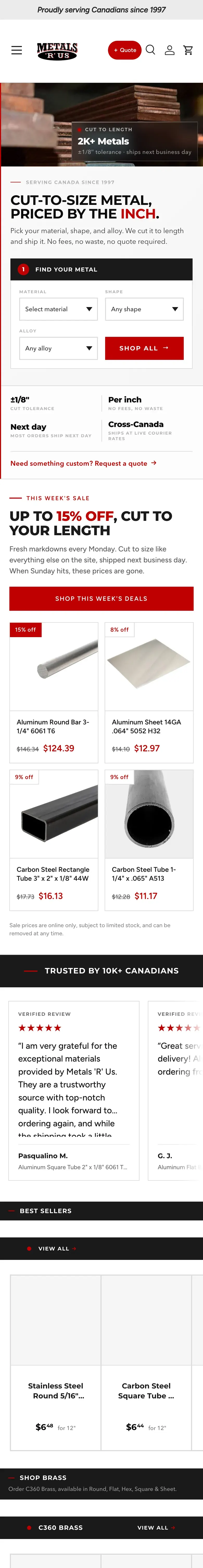 The Metals R Us homepage on a phone: the material finder, this week's sale, and verified reviews