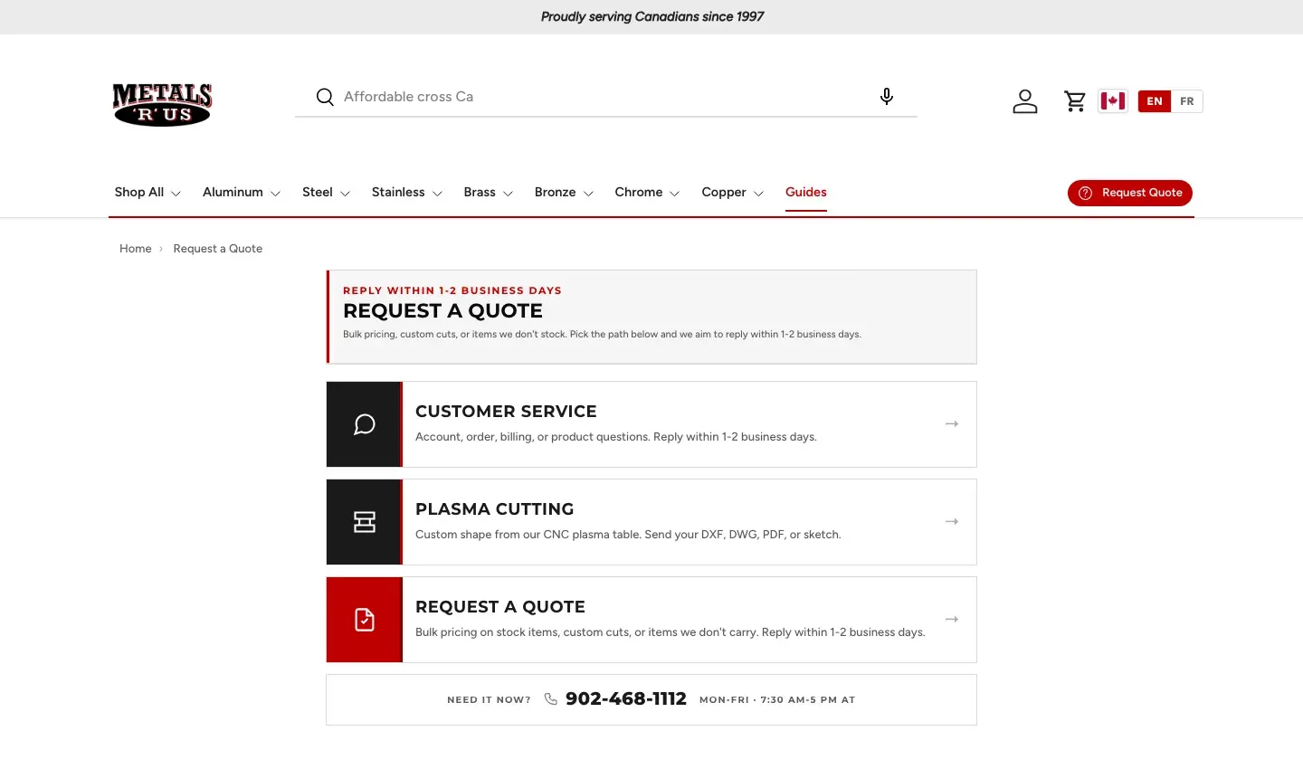 The request-a-quote page: customer service, plasma cutting, or a bulk quote