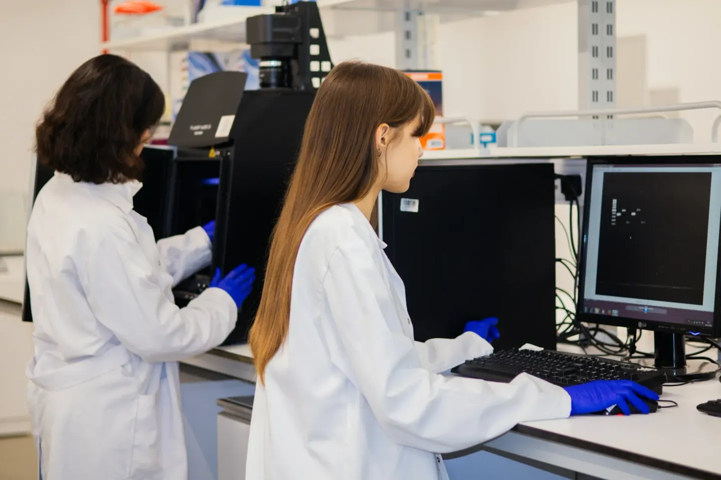 Two scientists at their screens in a laboratory