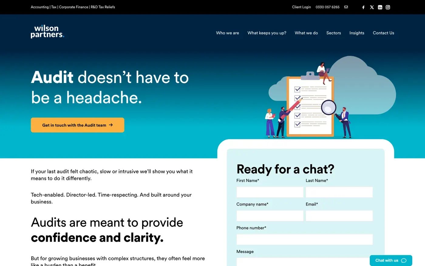 The Wilson Partners audit landing page with its enquiry form