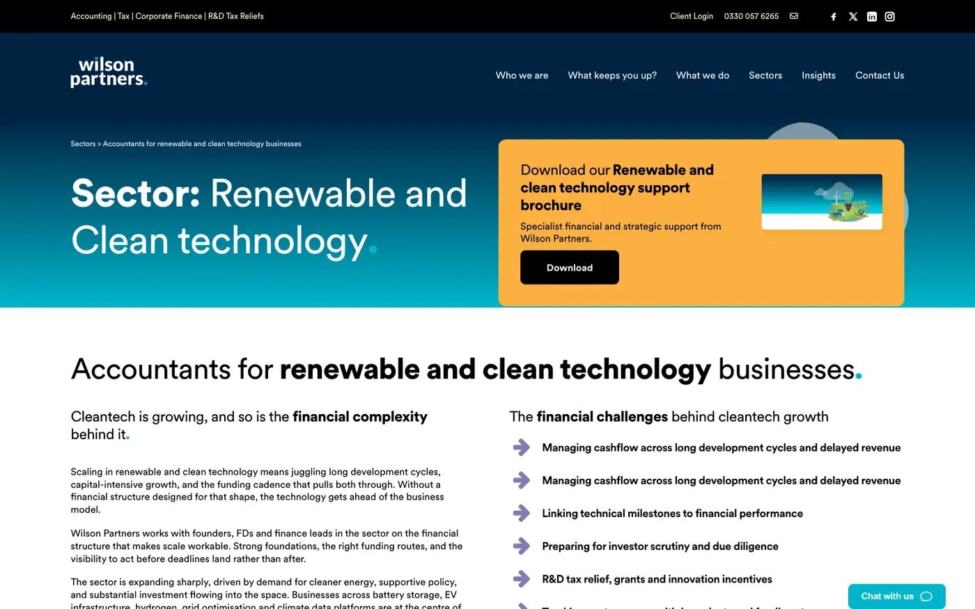 The Wilson Partners renewable and clean technology page, rewritten answer-first: Accountants for renewable and clean technology businesses