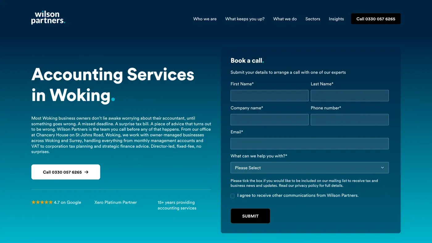 The Wilson Partners accounting services in Woking page